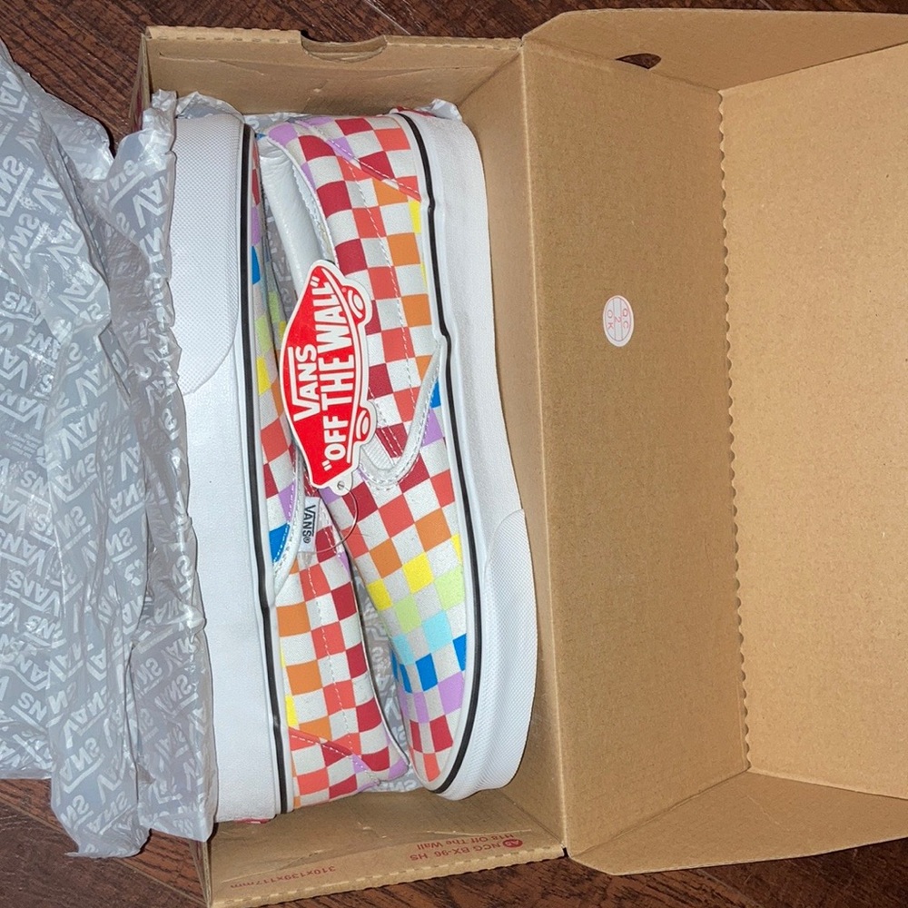 rainbow checkered slip on vans